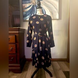 Real Vintage! Darling Navy Mandala Patterned Ruffle Belted Dress EUC!!